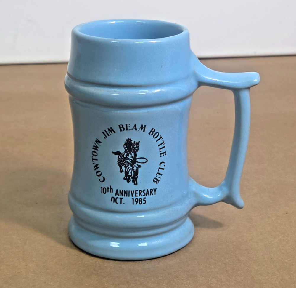 Vintage 1985 Frankoma M2 Cowtown Jim Beam Bottle Club Anniversary Mug, Blue